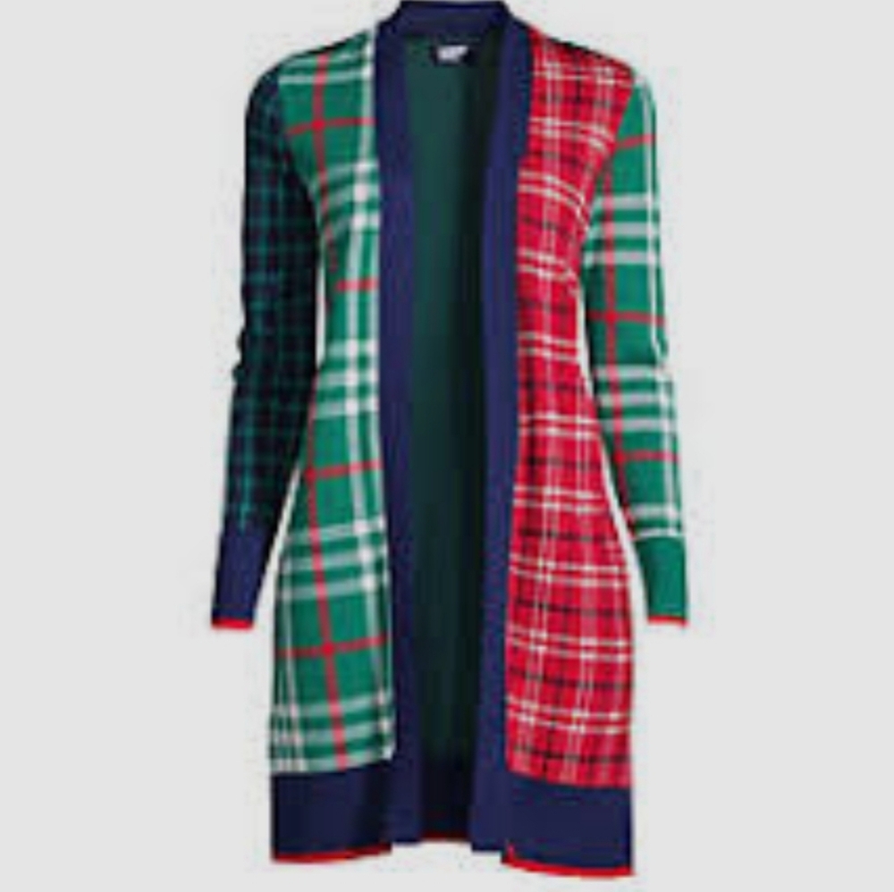 Land's End Womens Plaid Open Front Cardigan Academia 90s Holiday Size 3X